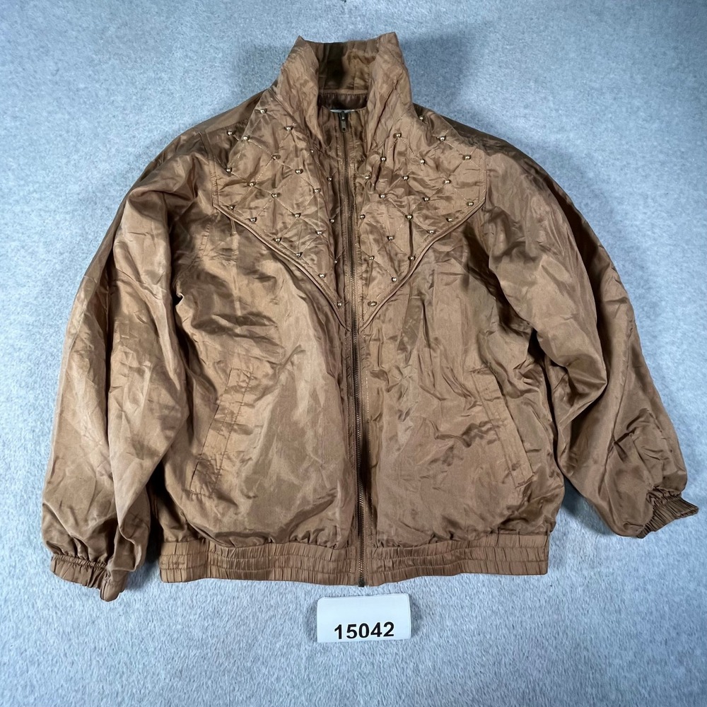 Vintage Maurada Silk Bomber Jacket Womens S Brown Good Studded Quilted Zip Up